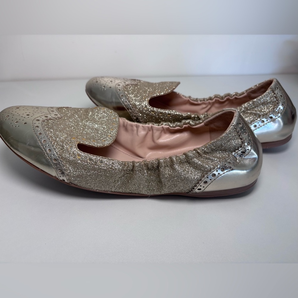 PRADA Round Toe Gold Glitter Metallic Oxford Slip On Ballerina Flats Size 39 EU - Picture 7 of 15